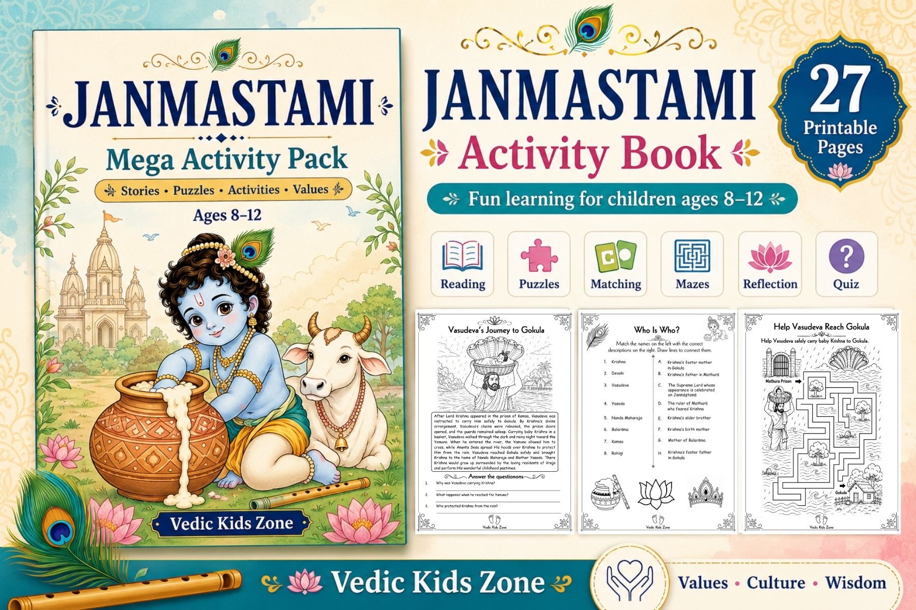 Janmashtami Mega Activity Pack for Kids | Authentic Krishna Activities, Puzzles & Bhakti Values | Ages 8–12