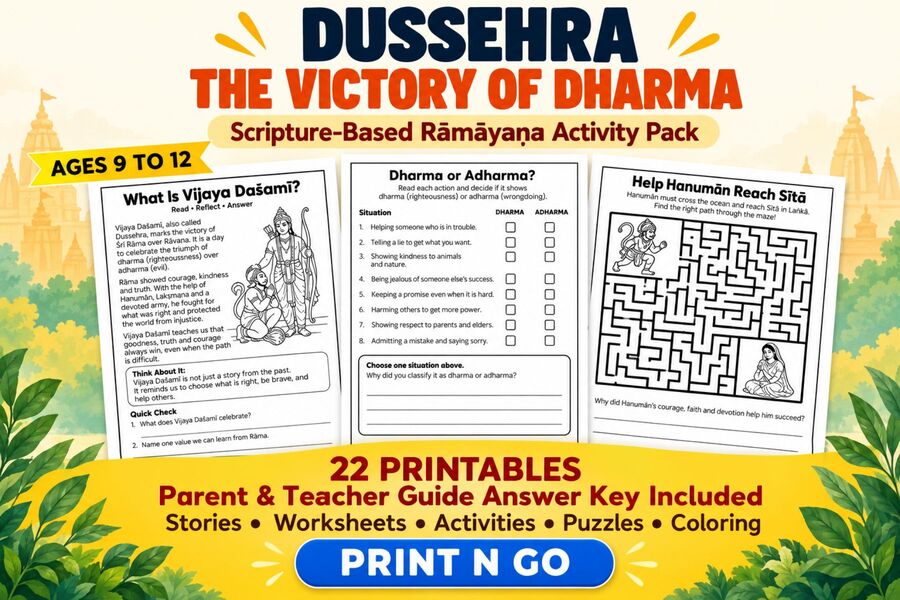 Dussehra & Vijaya Daśamī Activity Pack – Rāmāyaṇa Worksheets for Kids