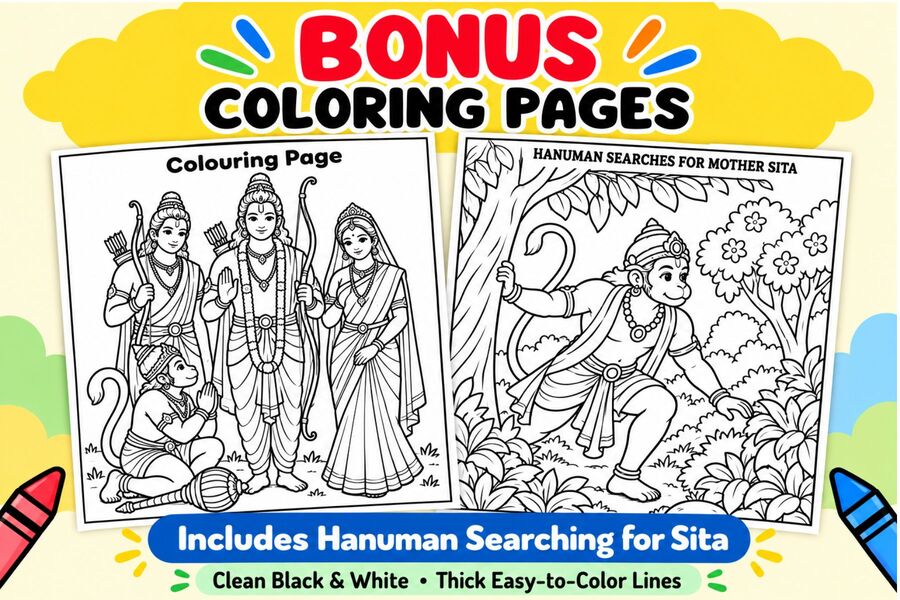 Ramayana printables for ages 9–12. Stories, worksheets, puzzles, coloring pages and answer key